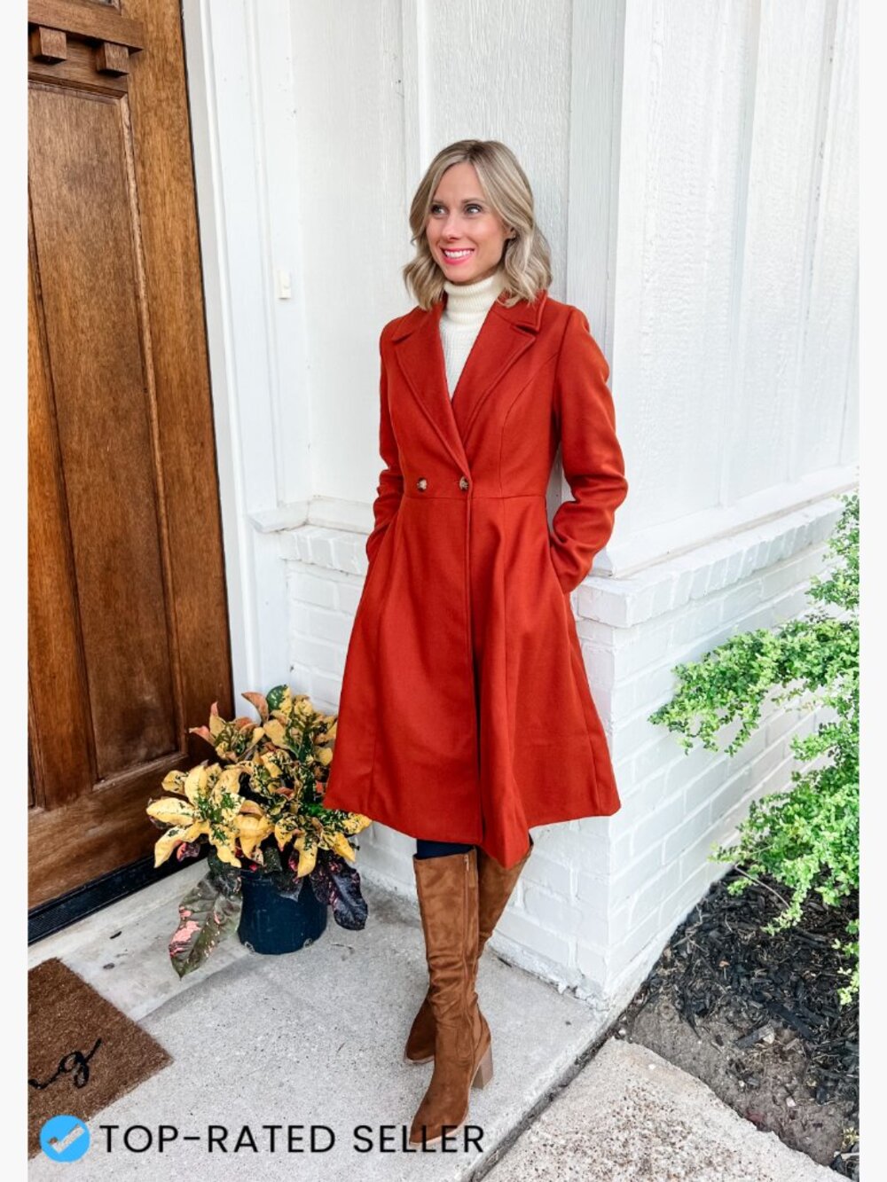 Double Breasted Pea Coat A-Line Long Trench Winter Dress Coat with Pockets - Picture 7 of 7